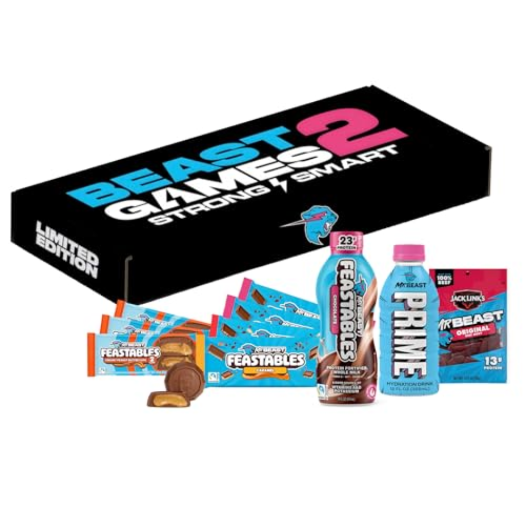 Feastables Beast Games Season 2 Snack Bundle, 10 Count, MrBeast Chocolate Bars & Cups, Protein Milk, Hydration Drink & Beef Jerky BB Date: 08/18/2026