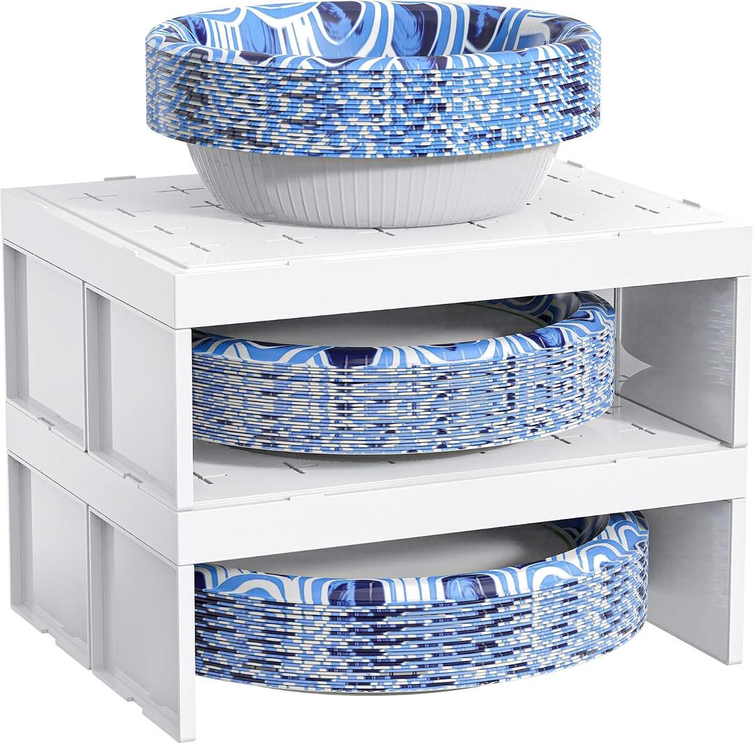 Paper Plate Dispenser and Paper Bowl Dispenser, Space-Saving Plastic, Foam, Disposable Plate and Bowl Organizer, Set of 2 Stackable Kitchen Organizer for Cabinet, Countertop, Shelf (White)