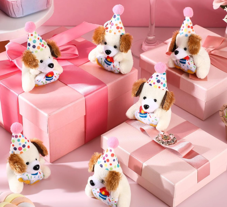 Gejoy 15 Pcs Birthday Small Stuffed Animal with Hat Mini Plush Toys for Student Classroom Reward Gifts Cute Soft Puppy Dog Toy Bulk Birthday Party Goodies Bag Fillers Party Decor