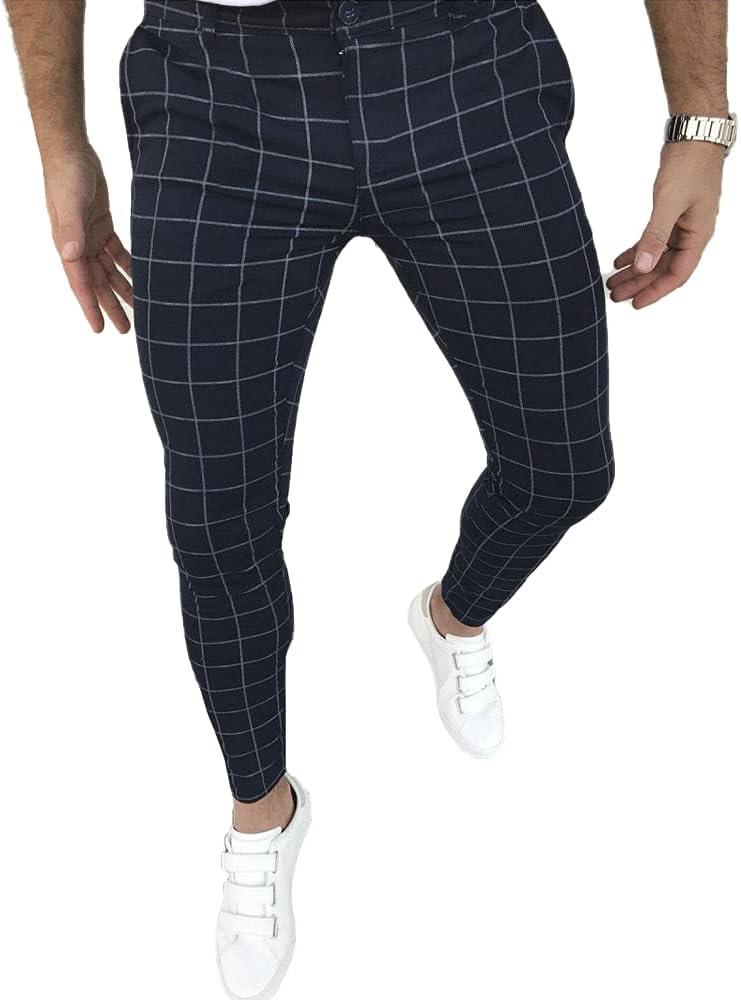 Men's Slim Fit Dress Pants Business Casual Stretch Slacks with Plaid Options (Blue)