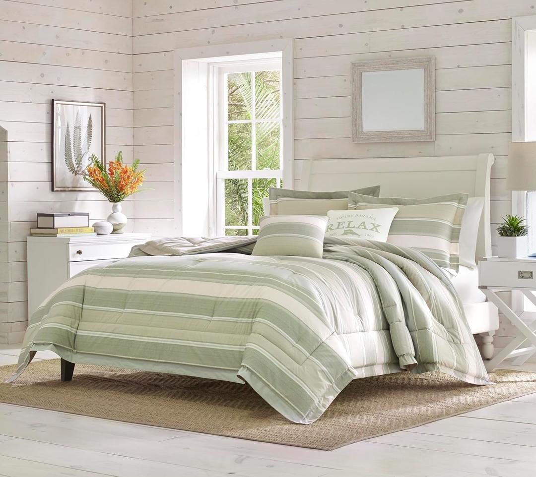 Tommy Bahama - Queen Comforter Set, Reversible Cotton Bedding with Matching Shams & Bonus Throw Pillows, Super Soft Bedding Set (Serenity Green, Queen) (Green/Off-white/Blue)