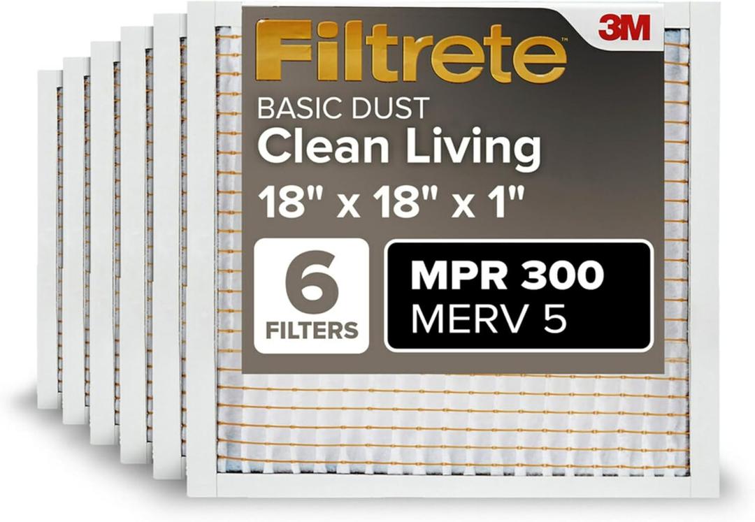 Filtrete 18x18x1 Air Filter, MPR 300, MERV 5, Clean Living Basic Dust 3-Month Pleated 1-Inch Air Filters, 6 Filters, White
