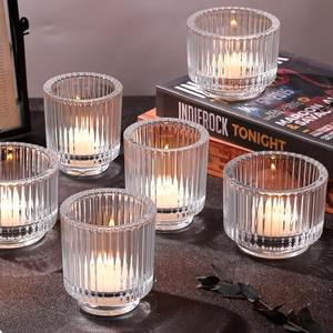 MATAHUM 6pcs Assorted Clear Votive Candle Holder for Wedding Centerpieces, Vintage Ribbed Tealight Candle Holder for Dinner Table Centerpiece, Large Glass Candle Holder for Christmas Home Party Decor