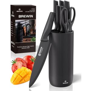 Knife Set, Brewin Kitchen Knife Set, Knives Set for Kitchen, Universal Knife Block, Utility Knife Block Set, Kitchen Essentials, New Home Essentials, Apartment Essentials, Dishwasher Safe (Charcoal)