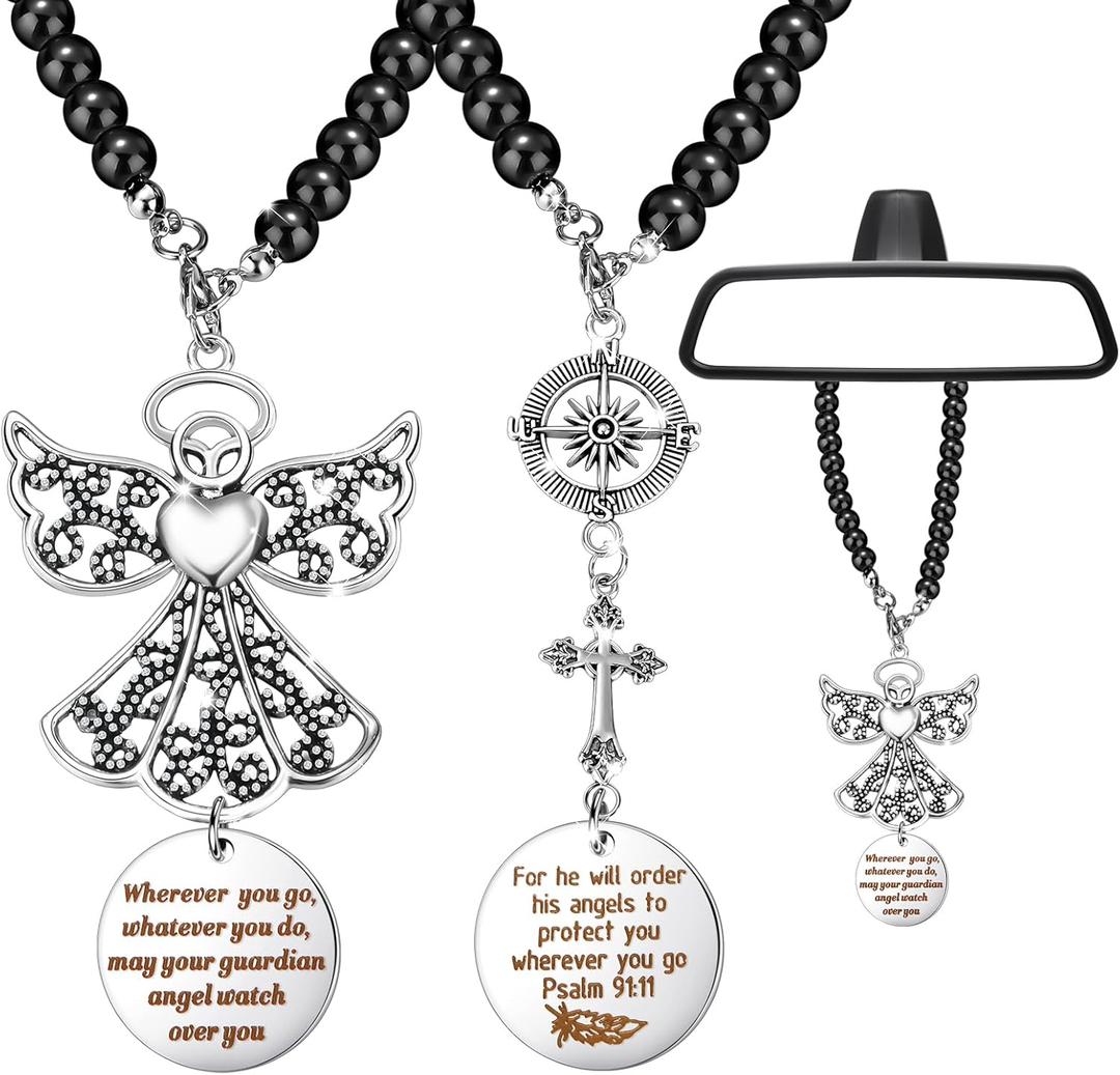 2 Pcs Car Rosary for Rearview Mirror Saint Benedict Beads Catholic Cross Charm Religious Hanging Rear View Hanger Car Rosary Accessories for Women Men Auto Decors