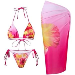 ZAFUL Women's 3 Piece Swimsuit Floral Halter Triangle String Bikini Tie Side Bottom with Boho Cover Up Skirt, S