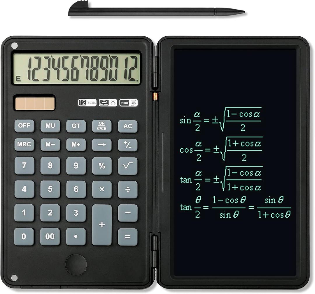 Calculator, 12-Digit Large Display Office Desk Calcultors with Erasable Writing Table, Solar and Battery Dual Power Pocket Desktop Calculator for Basic Financial Home School, Black