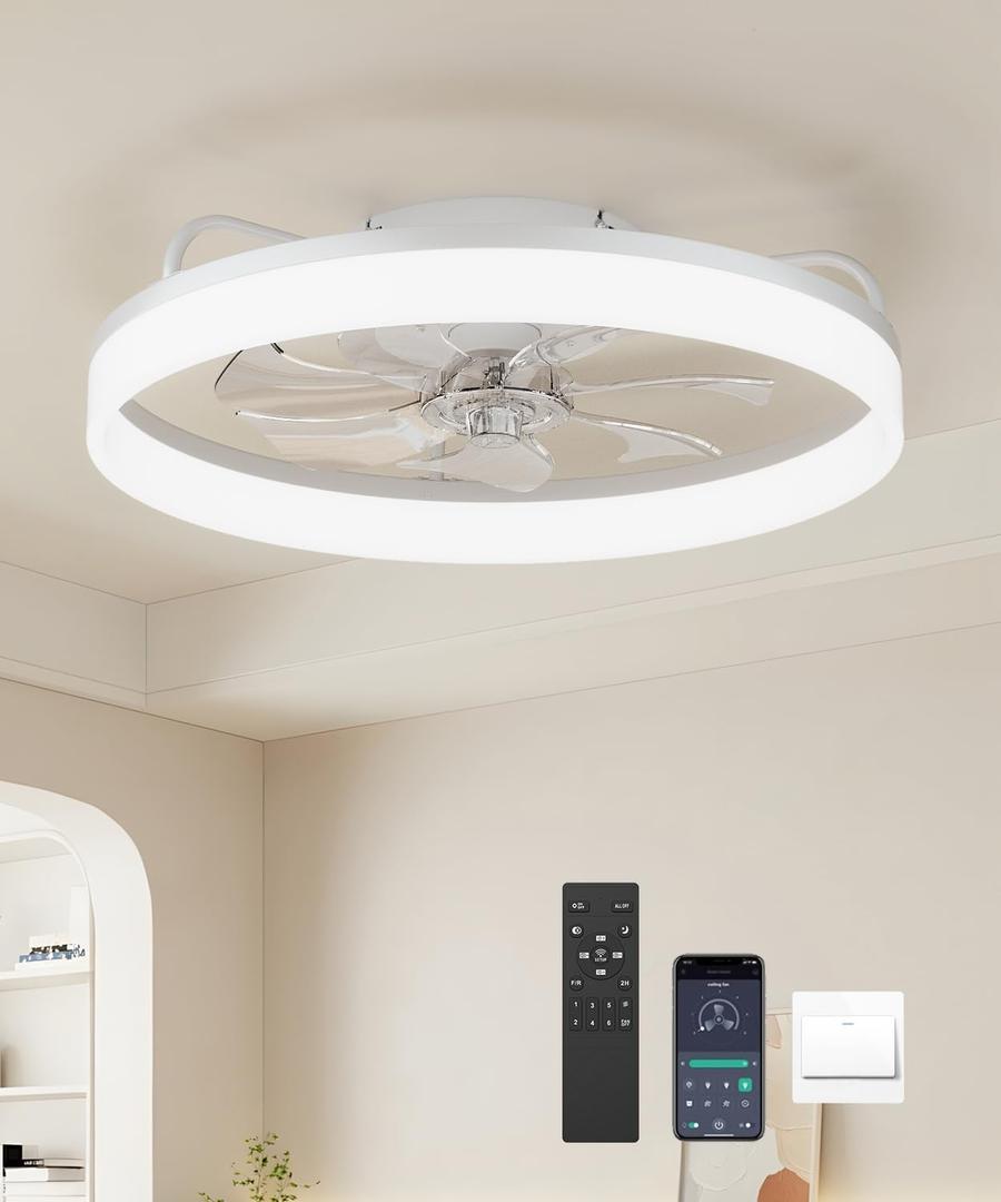 RRHG Ceiling Fans with Lights and Remote,19.7" Flush Mount Ceiling Fan with Lights,3000-6500K Dimmable and 6 Wind Speeds,Low Profile Ceiling Fan with Light for Bedroom, Kids Room（White）