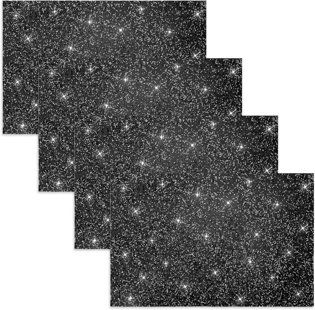 Black Placemats Set of 4 for Dining Table, Heat Resistant Crushed Diamond Sparkle Glitter Rhinestones Decoration Table Mats, 12 x 18inch Placemats Gifts for Monther's Day (Black,4 PCS)