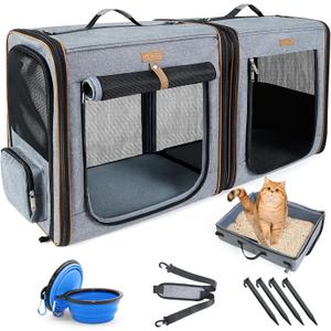 Lekereise 2-in-1 Cat Travel Carrier with Litter Box, (20.85" x2) x19.7"x19.7" Large Cat Carrier with Zipper Locks for Moving Across The Country - Grey