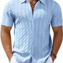 COOFANDY Men's Knit Short Sleeve Shirts Button Down Vintage Knitted Polo Shirt Casual Beach Crochet Cable Vacation Shirt (Blue, L)