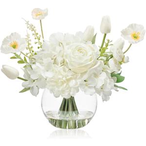 WELL KNOWN Artificial Flowers for Table Decoration Silk Hydrangea Flowers with Vase Fake Flower Arrangements in Round Bowl Vase with Faux Water for Summer Spring (White)