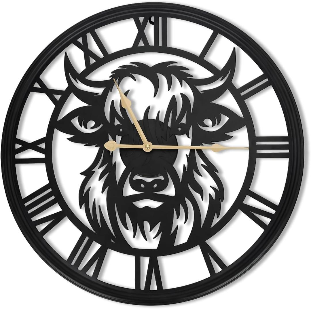 24 Inch wall Clock,Large wall Clock,Wall Clocks Battery Operated,Black Metal Non-Ticking,Wall Clocks for Living Room Decor,Bedroom,Kitchen(Highland Bull Wall Clock, 24 Inch)