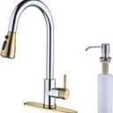 Keer Gold & Polished Chrome Single Handle Pull Down Kitchen Faucet with Soap Dispenser, 3 Modes Sprayer, Easy Assembly, Single Handle High Arc Stainless Steel Faucet
