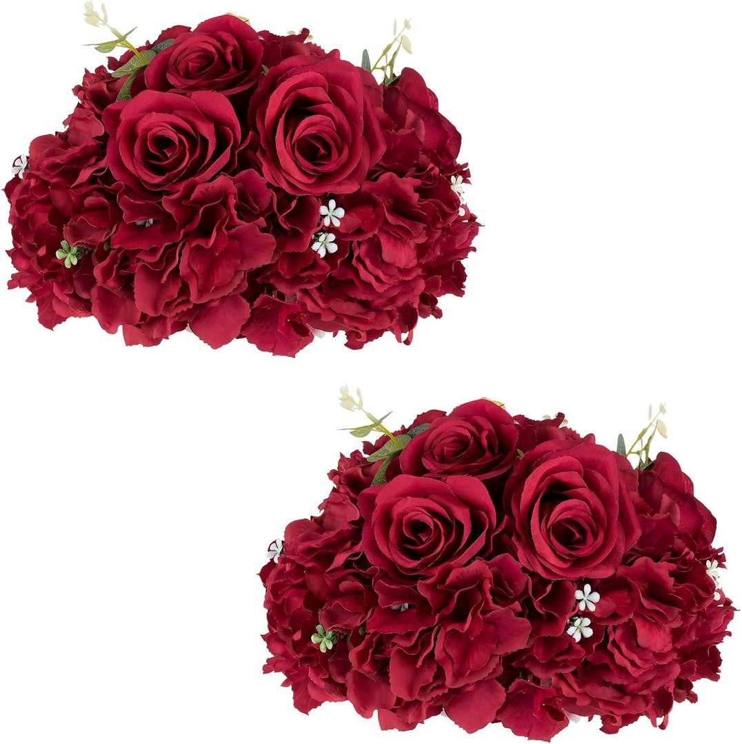 NUPTIO Flower Balls for Centerpieces Wedding: 2 Pcs 11.8 inch Diameter Artificial Flower Ball Arrangement Bouquet Centerpiece for Tables - Burgundy Fake Rose Flowers for Wedding Decor