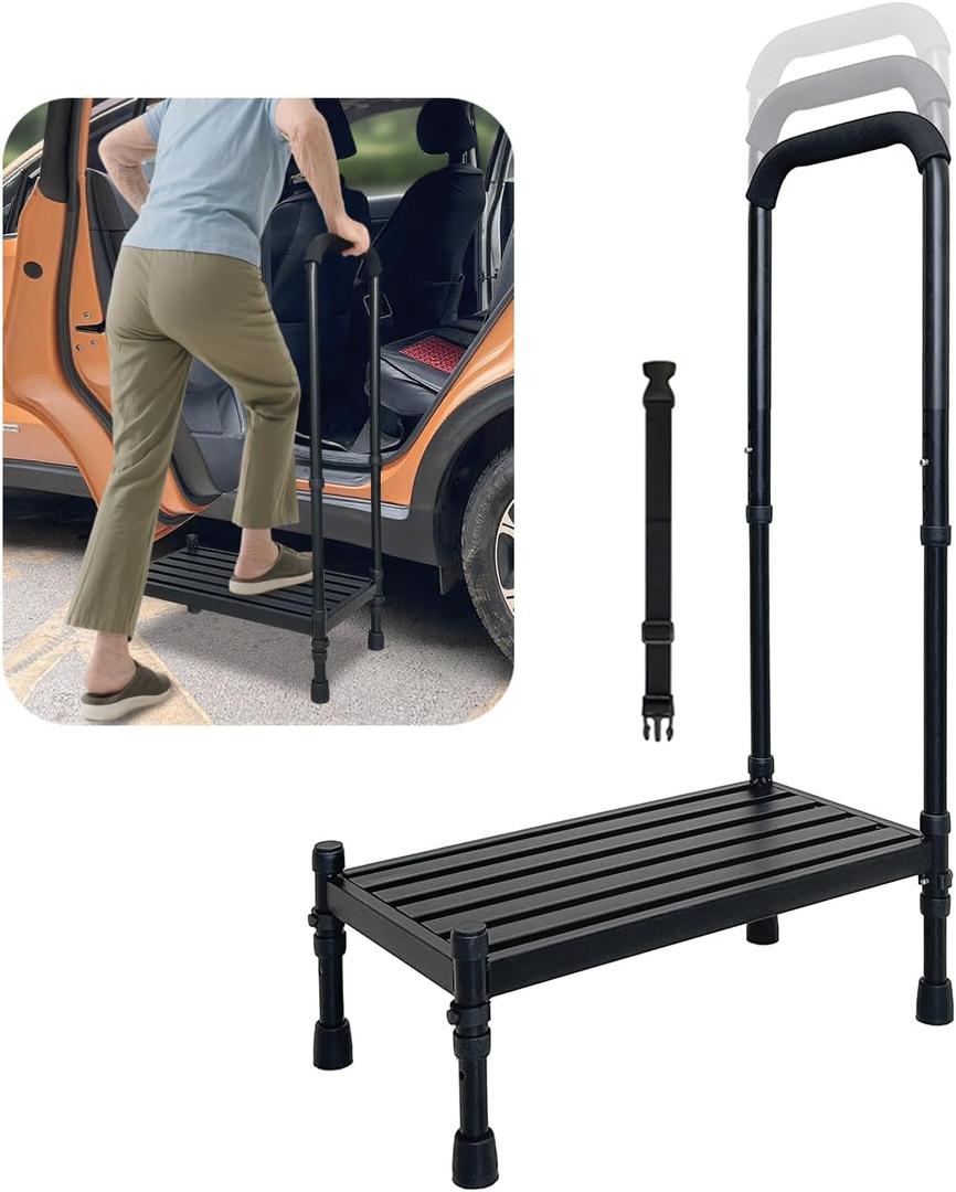 Car Step Stool with Handle for Elderly, Medical Handicap Step Stools with Handrail, Seniors Bed Steps for High Beds, Heavy Duty Metal Stepping Stool with Safety Step Platform, Vehicle Step Up Assist (Black)