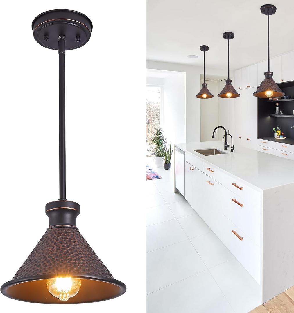 Max 58Ht Adjustable Tube Mini Pendant,Vintage Hammered Pattern Cast Aluminum Shade,1-E26 Classic Lamp,Oil Rubbed Bronze Farmhouse Hanging Light for Kitchen Island,Entryway,Dining Room.