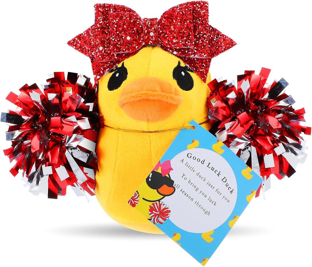 Lenwen Cheer Duck Gift with Pom Poms Bow 8 Inch Duck Plush Senior Cheerleader Gifts Team Support Gift for Senior Night Gifts Cheer Competition Day Must Have