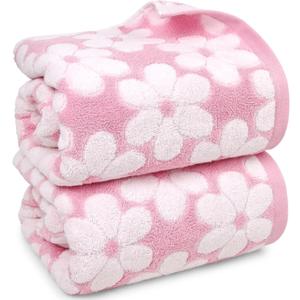Jacquotha Pink Bath Towels Set of 2, Super Absorbent & Decorative 27.5x55 Inches, Cute Floral Jacquard Shower Towel for Bathroom Valentines Gifts for Her, Cotton