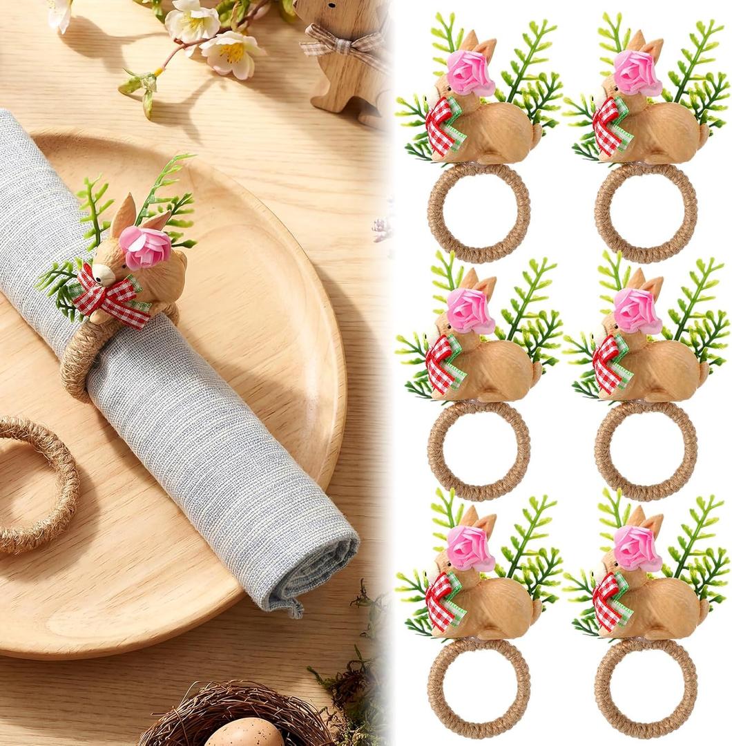 WILLBOND 6 Pcs Straw Bunny Easter Spring Napkin Rings Purple Green and Pink Easter Eggs Napkin Ring Holder Rattan Farmhouse Tissue Rings for Table Decor Dinner Party Settings