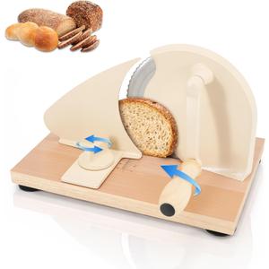 Manual Bread Slicer for Homemade Sourdough Bread, Adjustable Thickness Hand Crank Bread Cutter with Scale Lines, Suction Cup Base, Metal Guide & Sharp Stainless Steel Blade (Cream)
