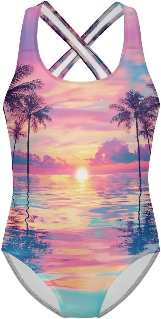 Girls One Piece Swimsuit Kids Cute Bathing Suit Quick Dry Crossback Straps Summer Swimwear for Beach Size 9-10