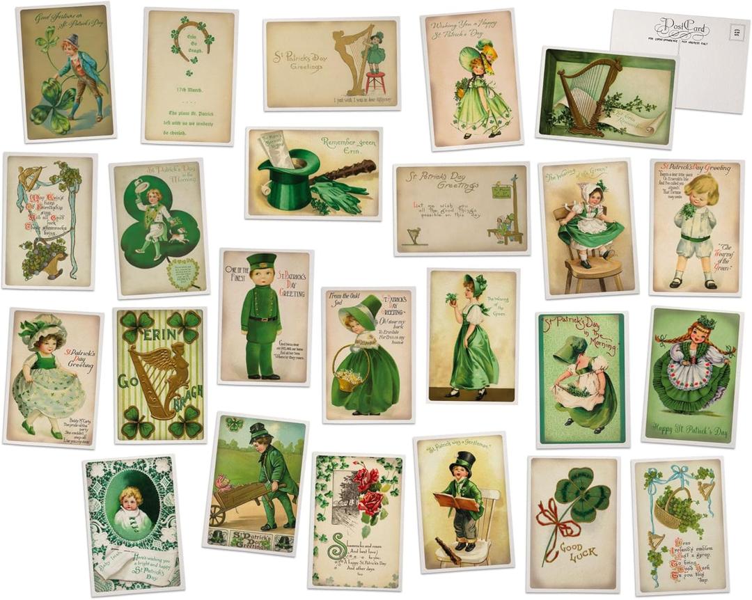 Vintage St. Patrick's Day Postcards - 24 Retro Saint Patricks Day Postcards - Assorted Irish Children Designs - Old Fashion Saint Patricks Day Cards Printed on Antique Textured Style Cardstock