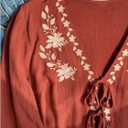 SHENHE Women's Fall Linen Peasant Blouse Tie Front Long Sleeve Floral Embroidered Top Shirt (Brown, S)