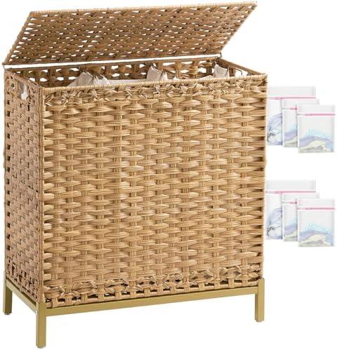 SETVSON Laundry Hamper with Lid 132 L, (35 Gallons) Clothes Hamper with Lid, Handwoven Rattan Laundry Hamper with Metal Heightened Feet, Laundry Hampers with 3 Removable Liner Bags for Laundry-Natural