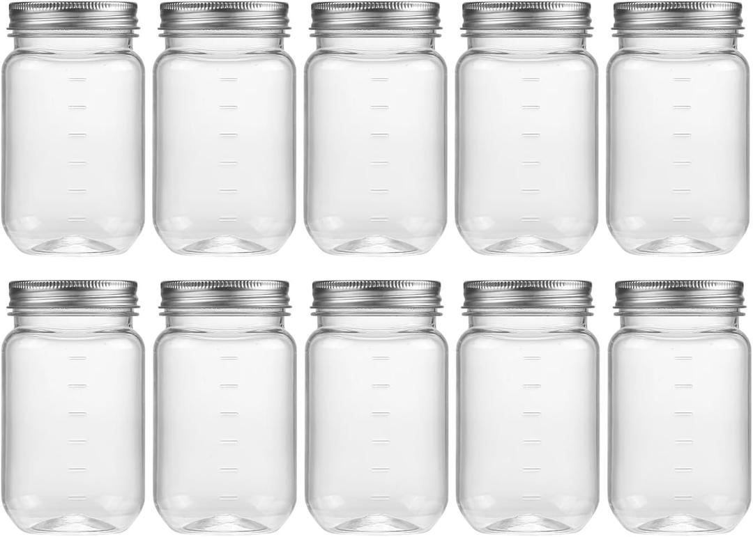 novelinks 16 oz Clear Plastic Jars with Screw-On Lids - BPA-Free Refillable Storage Containers for Slime, Food, Crafts, Kitchen & Household Use (10 Pack,Silver)
