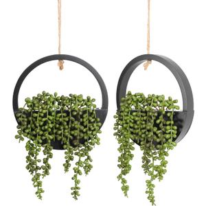Floweroyal 2pcs Artificial Succulents Hanging Plants 12.2'' Fake String of Pearls in Pot with 8.3'' Lanyard for Indoor Outdoor Wall Decor (Black).