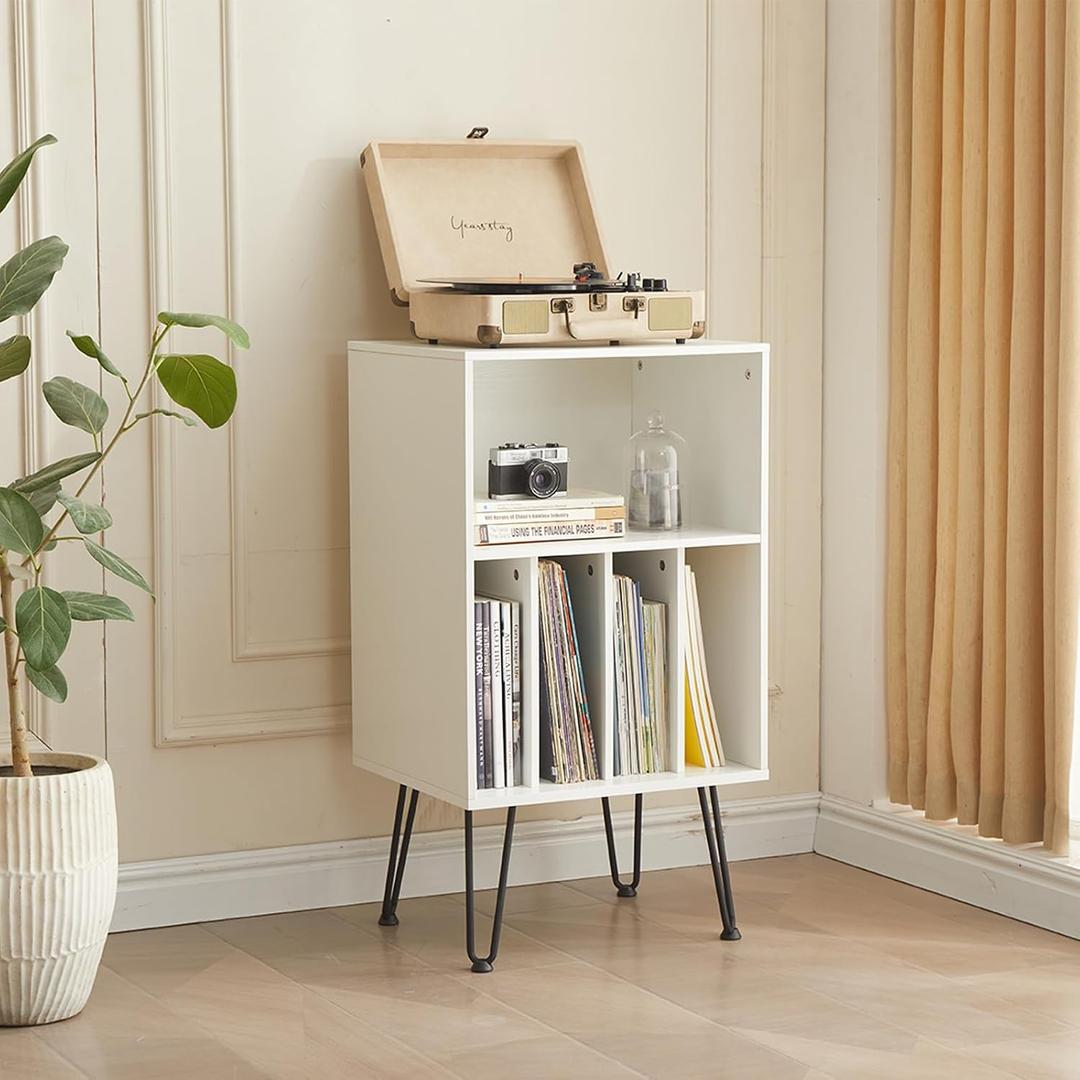 Record Player Stand with Vinyl Storage, Vinyl Record Storage Cabinet Holds Up to 150 Albums, End Table for Record Player, Turntable Stand for Living Room, White