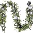 Decorbyhannah Christmas Garland with Lights, 6ft Lighted Norfolk Pine Garland with Boho Ornaments, Battery Operated Artificial Greenery Christmas Decorations for Mantle(Boho Black & White)