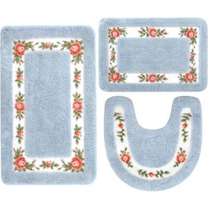 3 Pcs Rose Flowers Bathroom Rugs Set Coquette Room Decor Floral Rugs for Bathroom Bedroom Living Room, Floral Bath Mat Non Skid Romantic Rose Flower Area Rugs 3 Shapes(Blue)