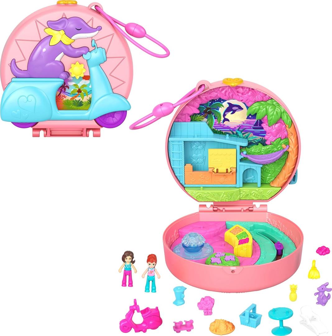 Polly Pocket Dolls & Playset, Adventure Moped Compact, Travel Toy with 2 Micro Dolls & Pet, Plus Animal & Vehicle Accessories
