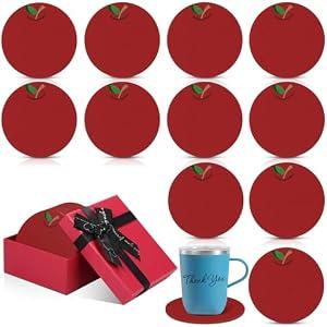 LemonRoad 12 Pcs Thank You Appreciation Coasters Set for Teacher Appreciation Gifts Bulk, Drink Absorbent Wood Coasters with Gift Box for Desk Classroom Supplies Teacher Employee (Apple,Red)