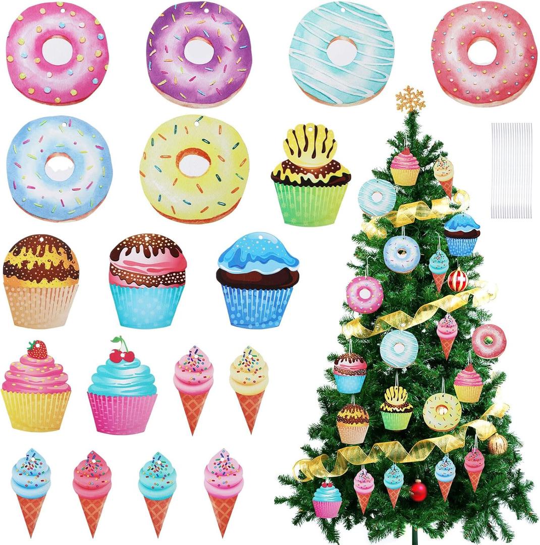 18 Pcs Pastel Candyland Hanging Ornaments Set Wood Donuts Cakes Ice Cream Pastel Macaron Dessert Pendant Decor for Tree Party New Year Wedding Baby Shower Birthday Valentine Decor