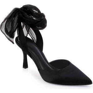 Womens Lace up Satin Heels Bow Pointed Closed Toe Bridal Dress Shoes Low Heel Wedding Elegant Pumps (8.5)
