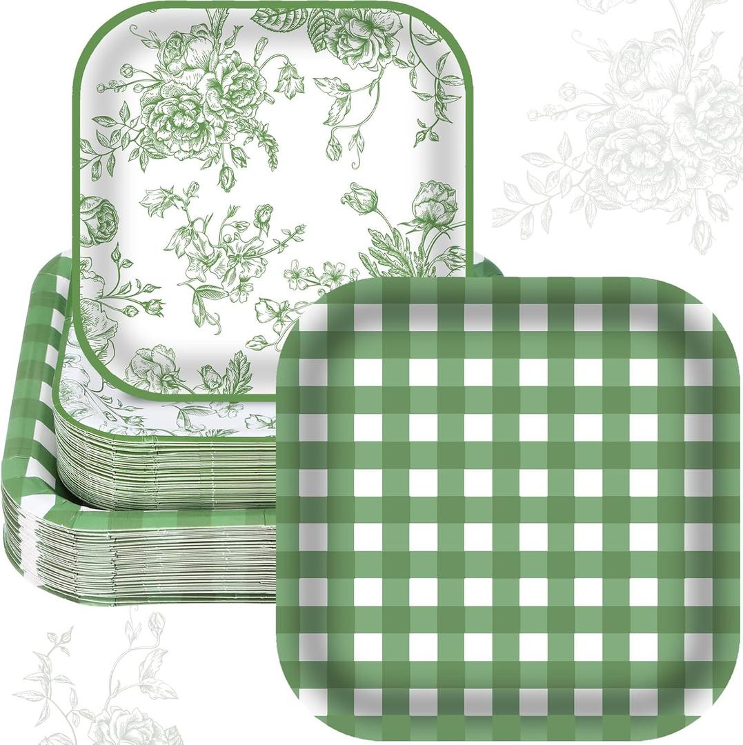 Havawish 100 Pcs Green Flower Paper Plates Set, 7 in 9 in Sage Green Chinoiserie Gingham Vintage Floral Square Disposable Plate Dinnerware for Tea Garden Wedding Party Birthday Baby Shower Supplies