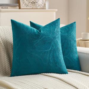 FUTEI Teal Velvet Throw Pillow Covers 16x16 Inch Set of 2,Soft Embossed Leaf-Relief Textured Cushion Cases, Natural Home Decor for Couch Living Room