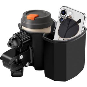 2-in-1Stroller Cup Holder with Phone Holder, 360° Rotatable Strong Clip, Large Storage Box for Stroller, Wheelchair, Walker