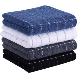 Homaxy 100% Cotton Terry Kitchen Towels(Multiple Color, 13 x 28 inches), Checkered Designed, Soft and Super Absorbent Dish Towels, 4 Pack (Navy+White+Grey+Black)