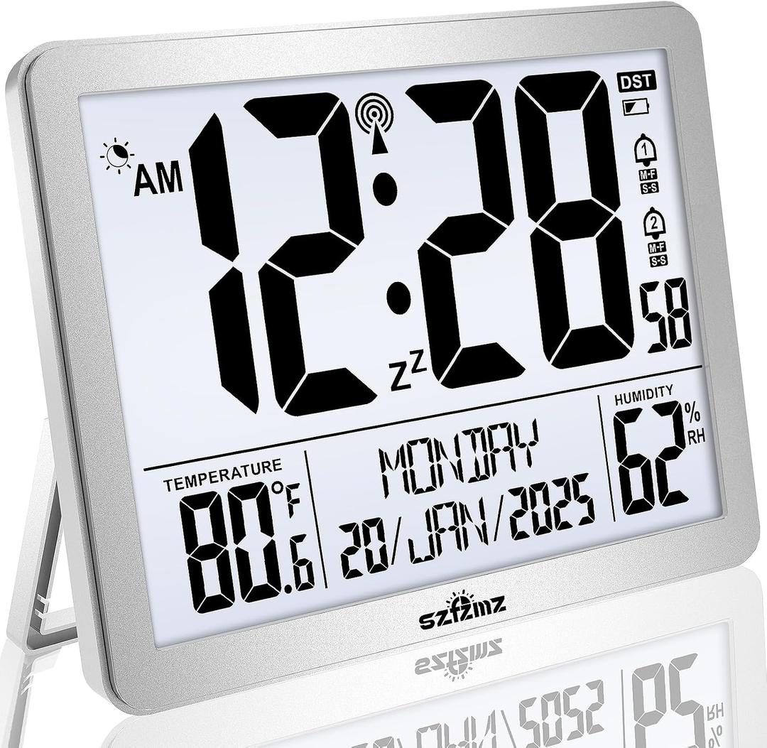 Digital Wall Clock Battery Operated with Backlight, Atomic Alarm Clocks with Indoor Temperature & Humidity for Bedrooms, Office, 8.5" Small Desk Clock with Large Display for Seniors, Auto DST, Sliver