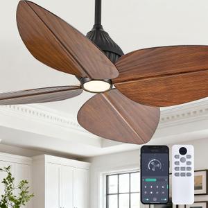 52 Leaf Ceiling Fan with Light, Remote and App Control, 6 Speed Reversible, 3 Color Dimmable, Tropical Coastal Fandelier Ceiling Fans, for Bedroom, Living Room (Dark Brown), 52in