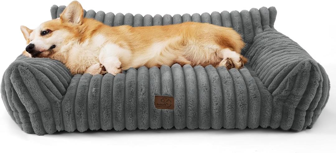 Bedsure ComfyFleece Cute Dog Couch for Medium Dogs - As Seen on TV on Good Day New York, Dog Couch Bed with Removable, Washable Cover, Supportive Pet Sofa, for Medium Large Dogs, 36inch, Warm Grey (36x27x10")