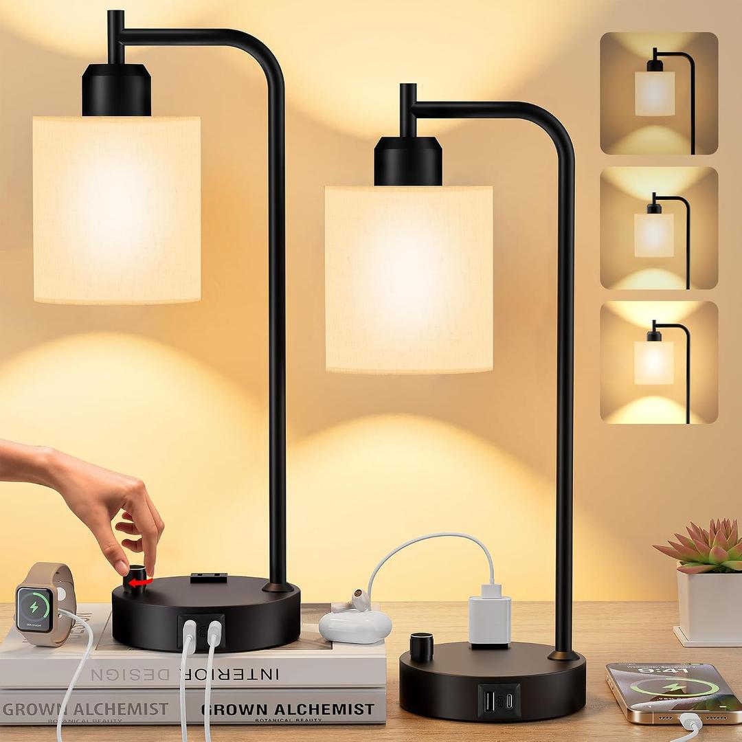 SIBRILLE Industrial Table Lamps with Linen Shade, Set of 2 Fully Dimmable Bedside Lamps with USB A+C Ports and Outlet, Black Nightstand Desk Lamps for Bedrooms Living Room Office, 2 LED Bulbs Included