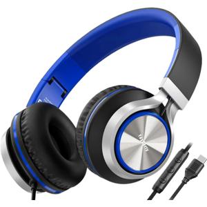 Upgraded USB Type C Wired Headphones, Foldable Over-Ear Headphones with Mic and Volume Control, Hi-Fi Stereo Sound for Adults/Teens/Toddlers/Tablets/Travel(Blue)