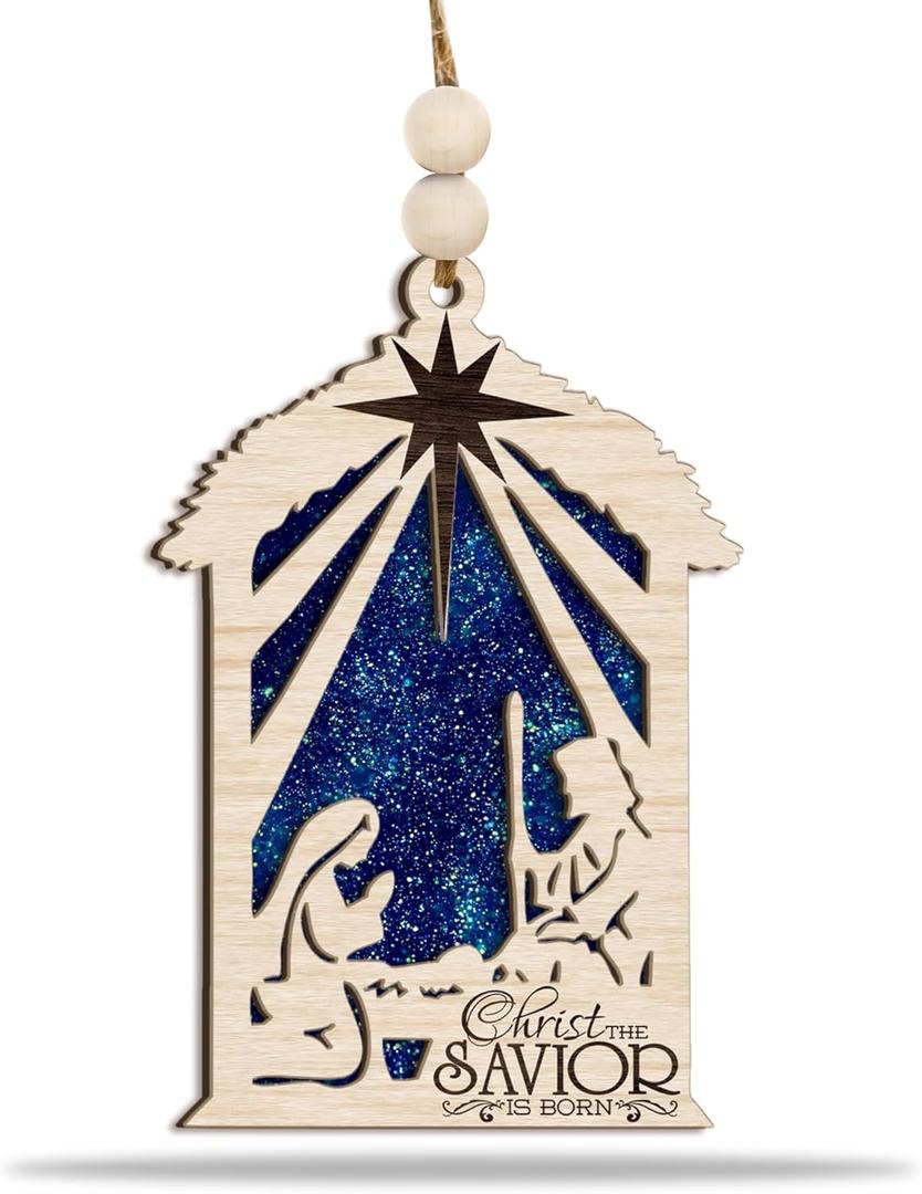 2 x Nativity Ornament Christ The Savior is Born  Wooden Christmas Tree Decoration with Holy Family & Star of Bethlehem  Rustic Christian Holiday Keepsake & Religious Ornament Gift