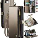 Defencase for iPhone 16E/17E Case Wallet with RFID Blocking Card Holder Slot for Women, Elegant PU Leather Magnetic Snap Flip Wrist Strap Zipper Wallet Phone Case for iPhone 17e & 16e, Desert Titanium