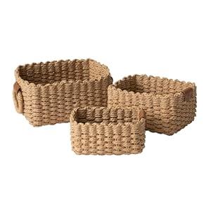 La Jolie Maison Small Sand Wicker Baskets Set of 3, Paper Rope Storage Baskets with Handle, Small Woven Baskets for Organizing, Decorative Cute Baskets for Gifts